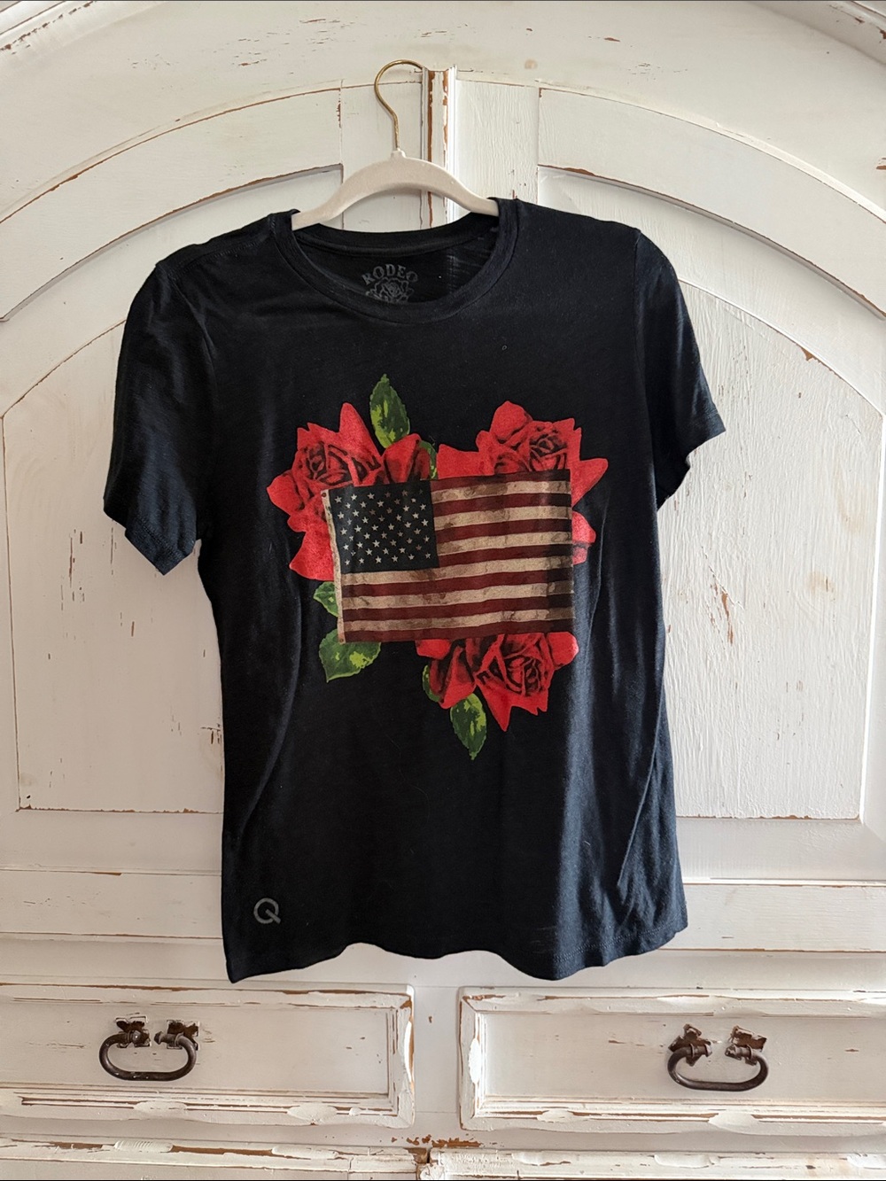 Rodeo Graphic Black Tee with Flag & Roses